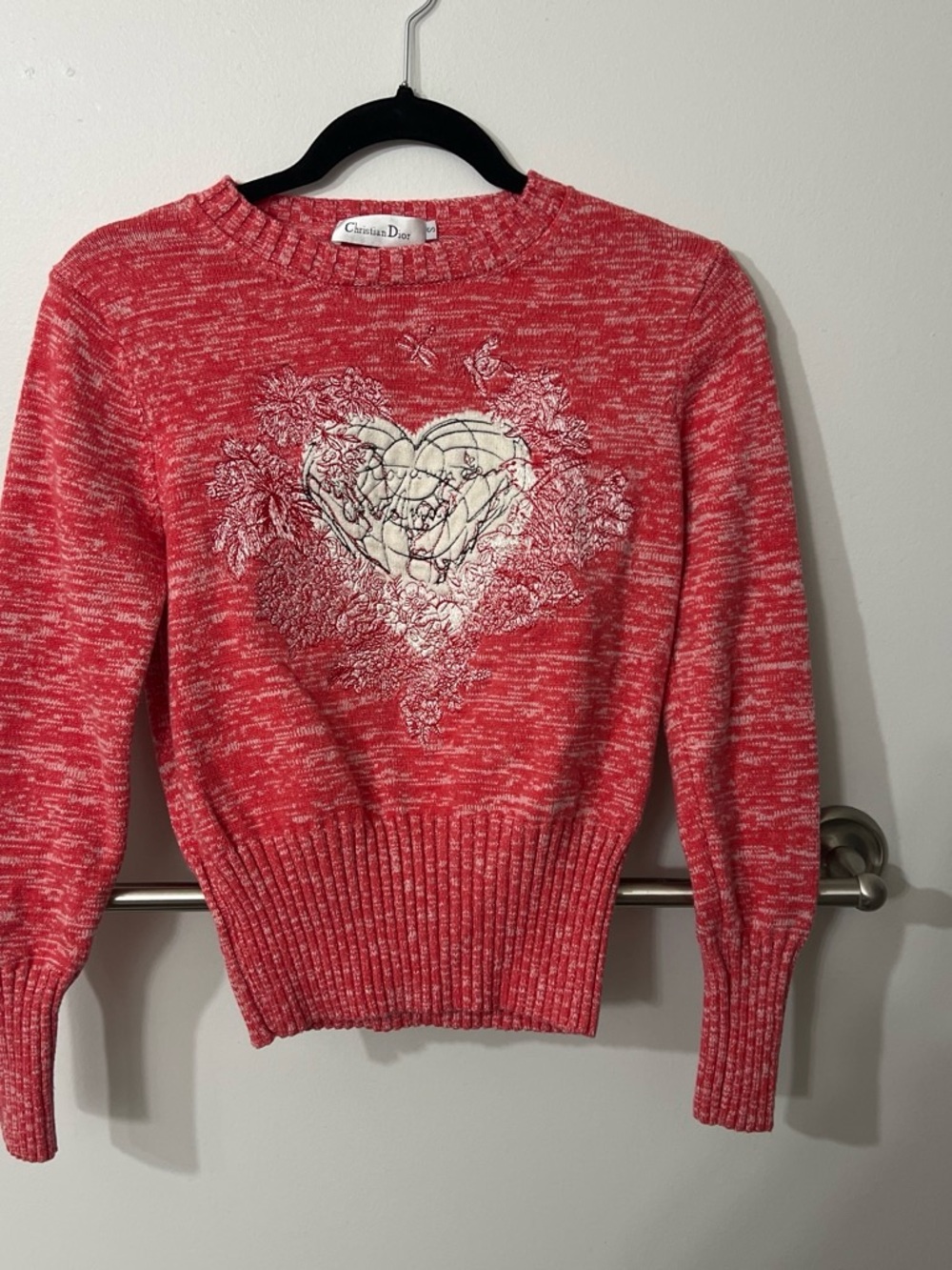 Dior Pink-Red Marled Heart Embroidered Crewneck Sweater